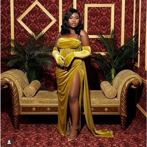 Miss Circle Priya Gold Draping Corset
High Slit Velvet Gown and gloves